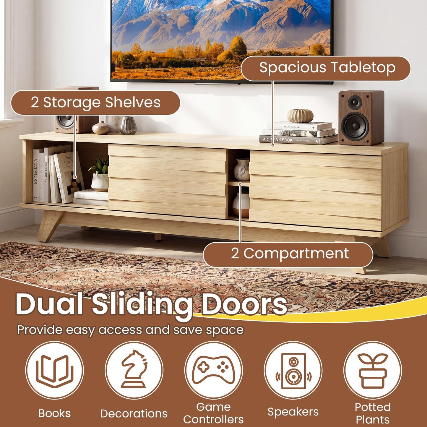 TV Unit for 55 Inch TVs, 145cm Wooden TV Stand Cabinet with 2 Sliding Doors and Adjustable Storage Shelf