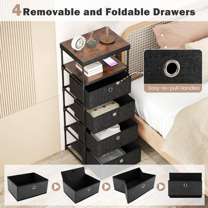 4 Drawer Fabric Dresser Tower with Wood Top and Open Shelf