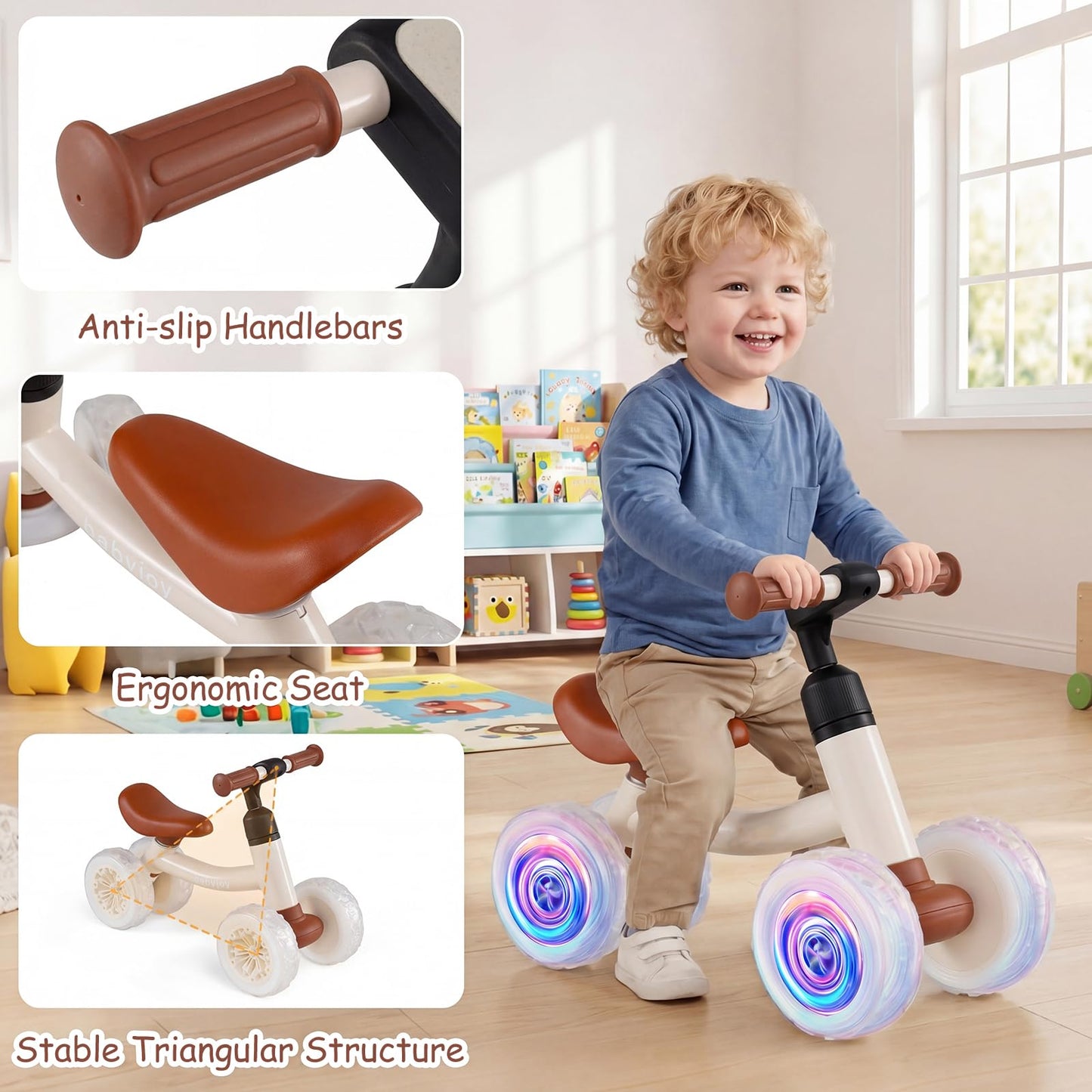 Baby Balance Bike, 4 Colorful Lighting Wheels Toddler Bikes with Adjustable Handlebar & Seat