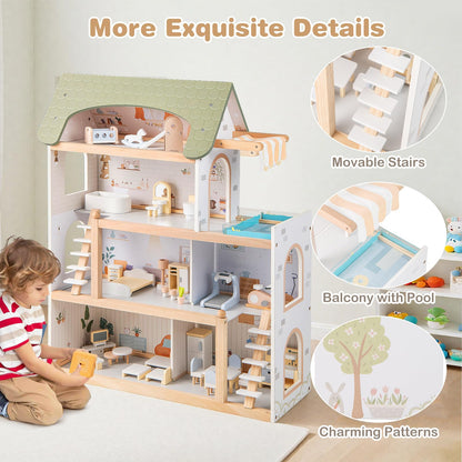 Wooden Dollhouse with 33 PCS Furniture Accessories for Girls and Boys