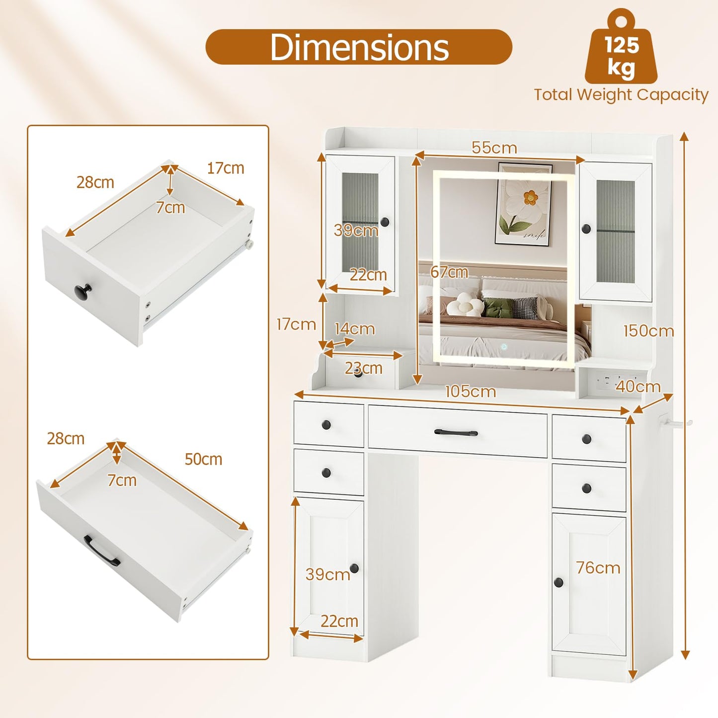 Vanity Desk with Mirror and Lights for Bedroom