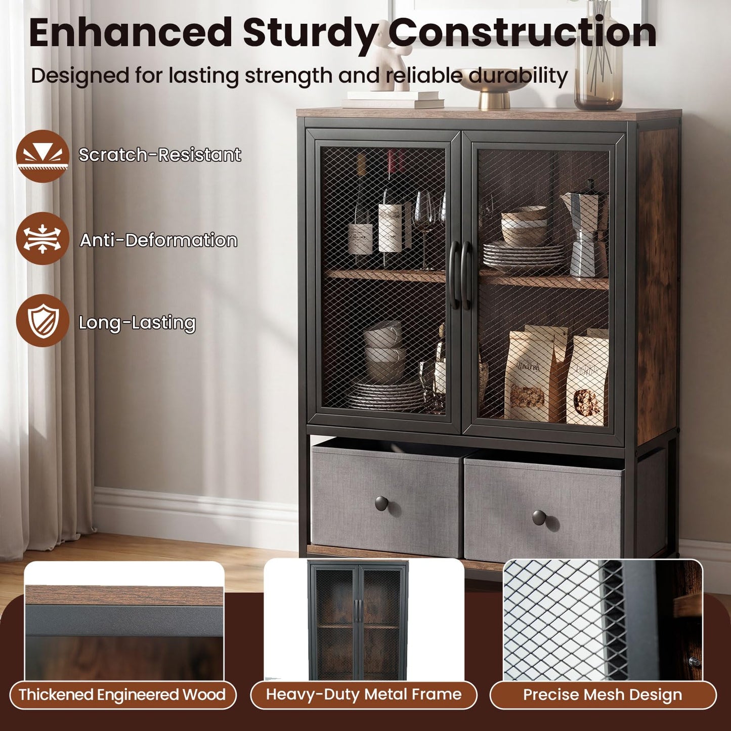 Sideboard Storage Cabinet with 2 Mesh Doors & 2 Fabric Drawers