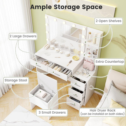 Dressing Table with Large LED Mirror and Storage Stool