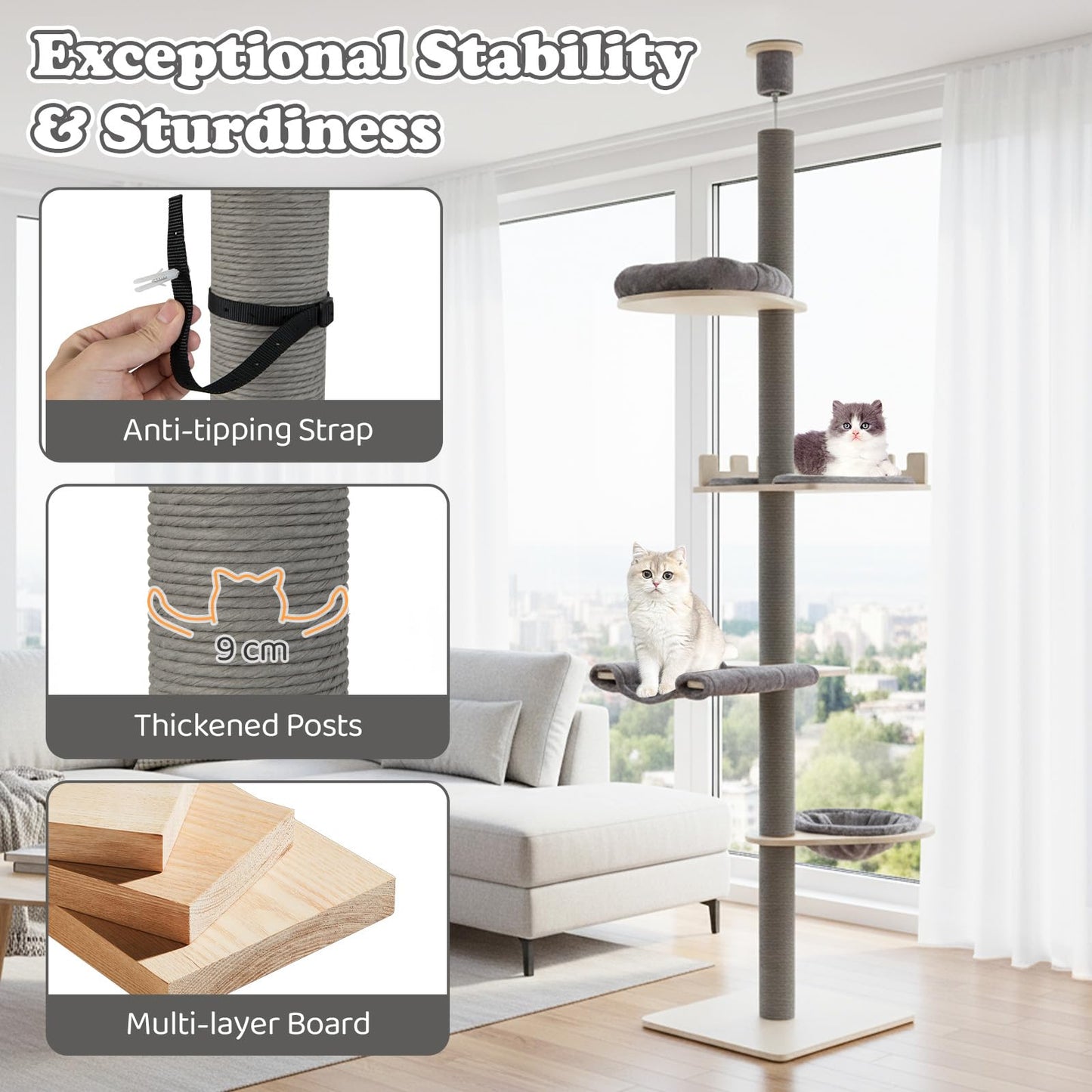 Floor to Ceiling Cat Tree, 5 Tier Tall Cat Tower with 236-271cm Adjustable Height