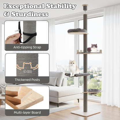 Floor to Ceiling Cat Tree, 5 Tier Tall Cat Tower with 236-271cm Adjustable Height