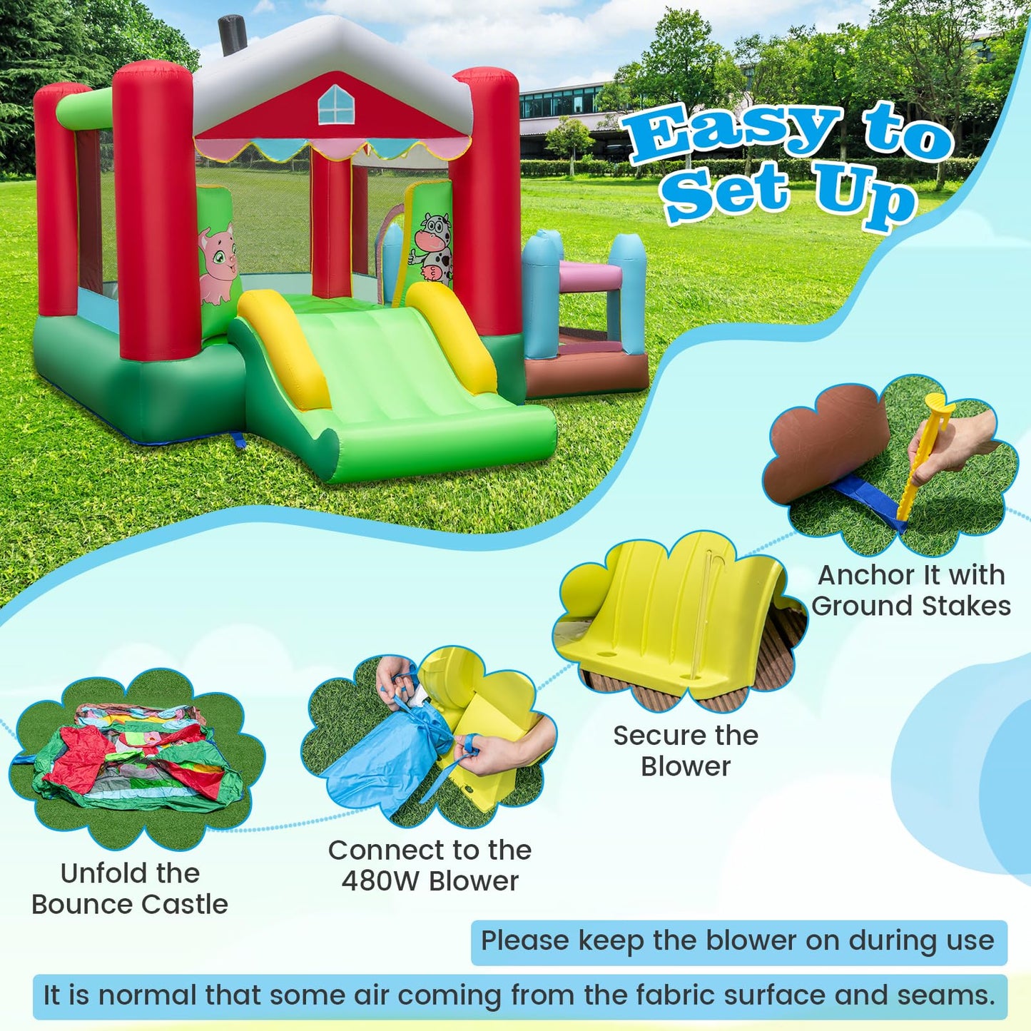 4-in-1 Farm Themed Inflatable Bounce House with 480W Blower