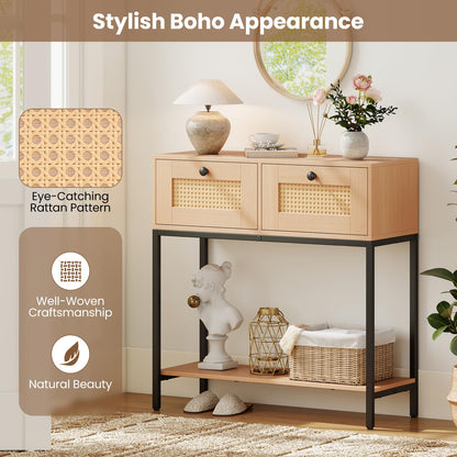 80 CM Boho Console Table with 2 Drawers and Bottom Shelf