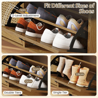Rattan Shoe Storage Bench with Flip Drawers, Adjustable Shelves