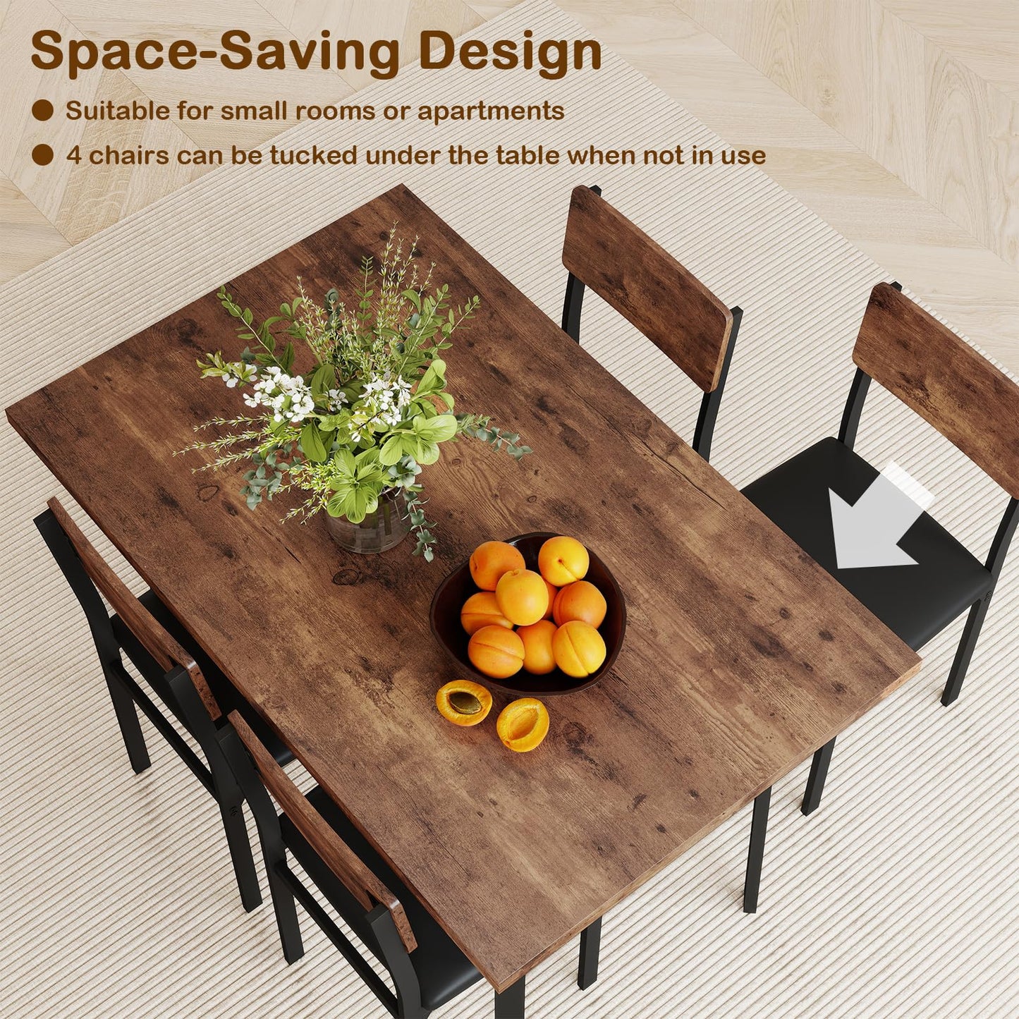 5-Piece Dining Table Set for 4 People with Metal Leg for Small Room