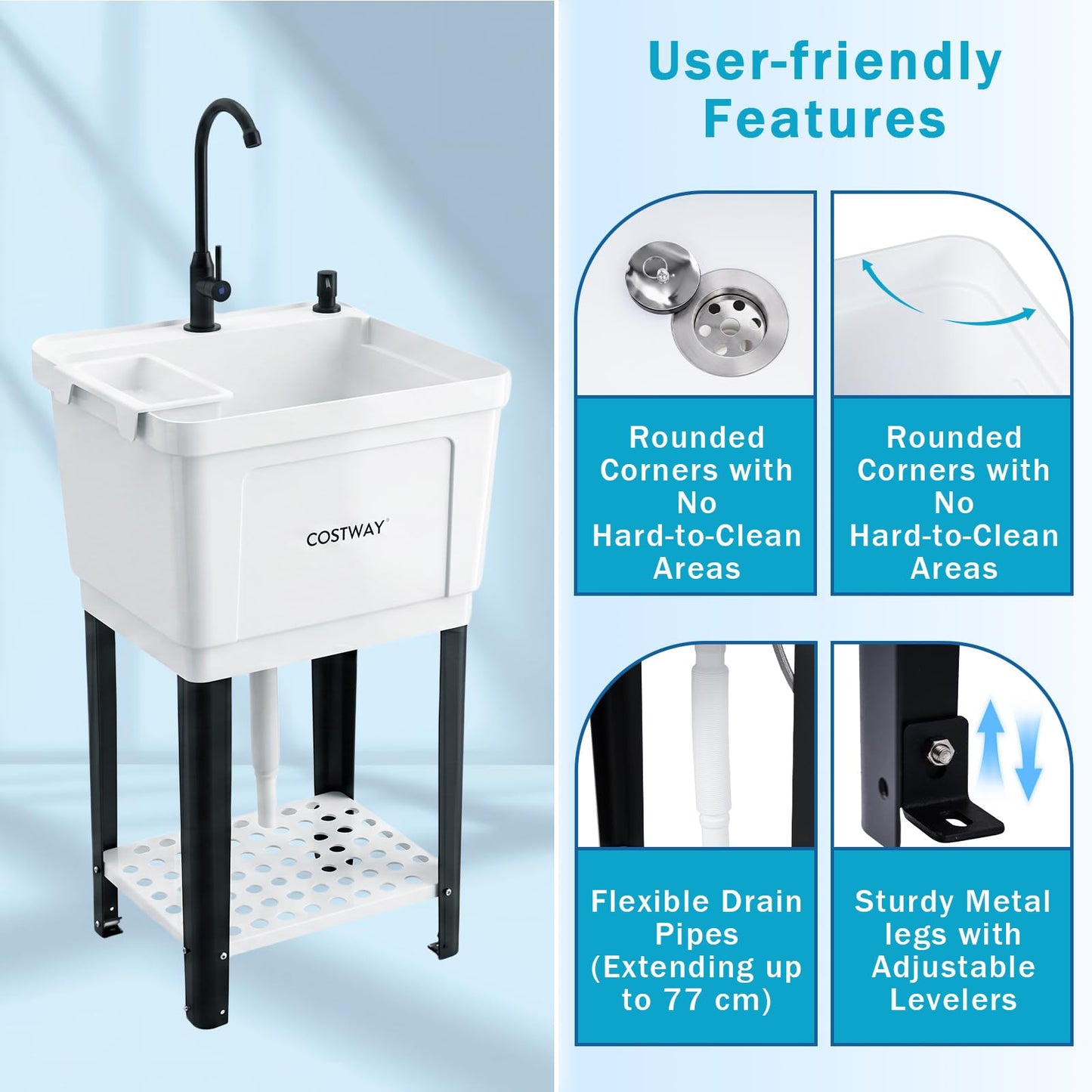 Freestanding Single Bowl Utility Sink, 55L Drain Laundry Tub with Faucet