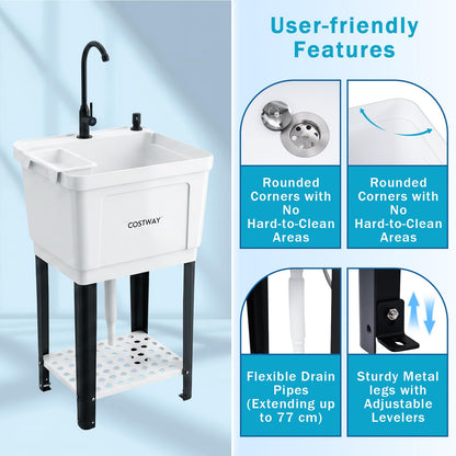 Freestanding Single Bowl Utility Sink, 55L Drain Laundry Tub with Faucet