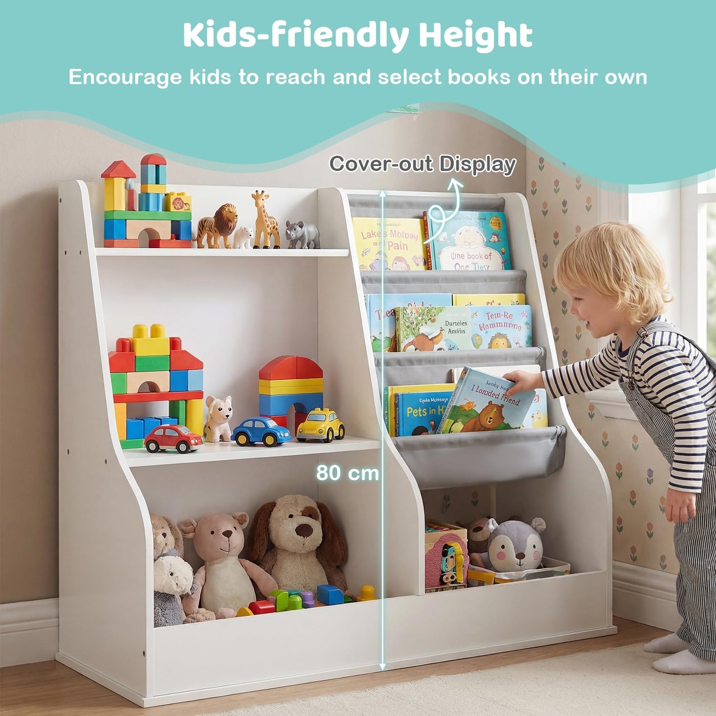 Kids Bookshelf 80 CM Wooden Toy Storage Organizer with 3 Tiers of Fabric Pockets