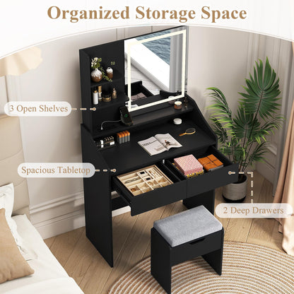 Dressing Table with LED Mirror and Cushioned Storage Stool
