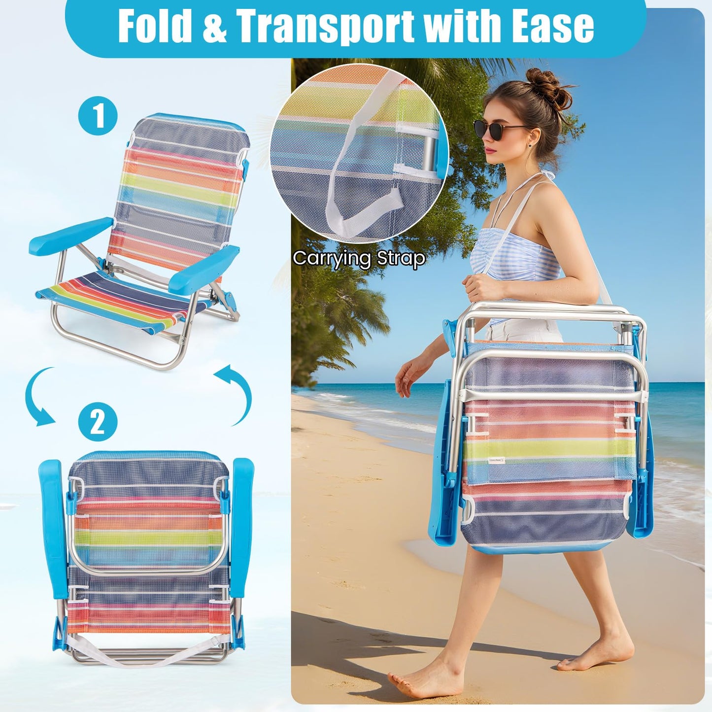 5 Adjustable Position Camping Chair with Armrests & Carry Strap
