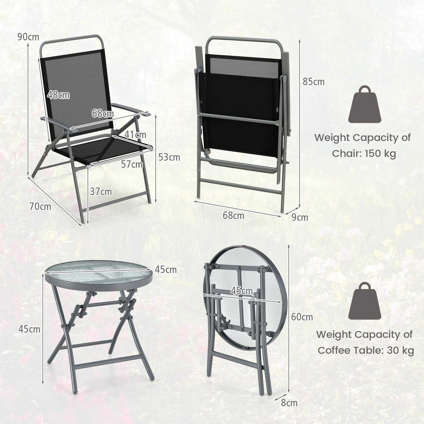 3PCS Garden Folding Chairs and Table Set with Ripple-like Glass Tabletop