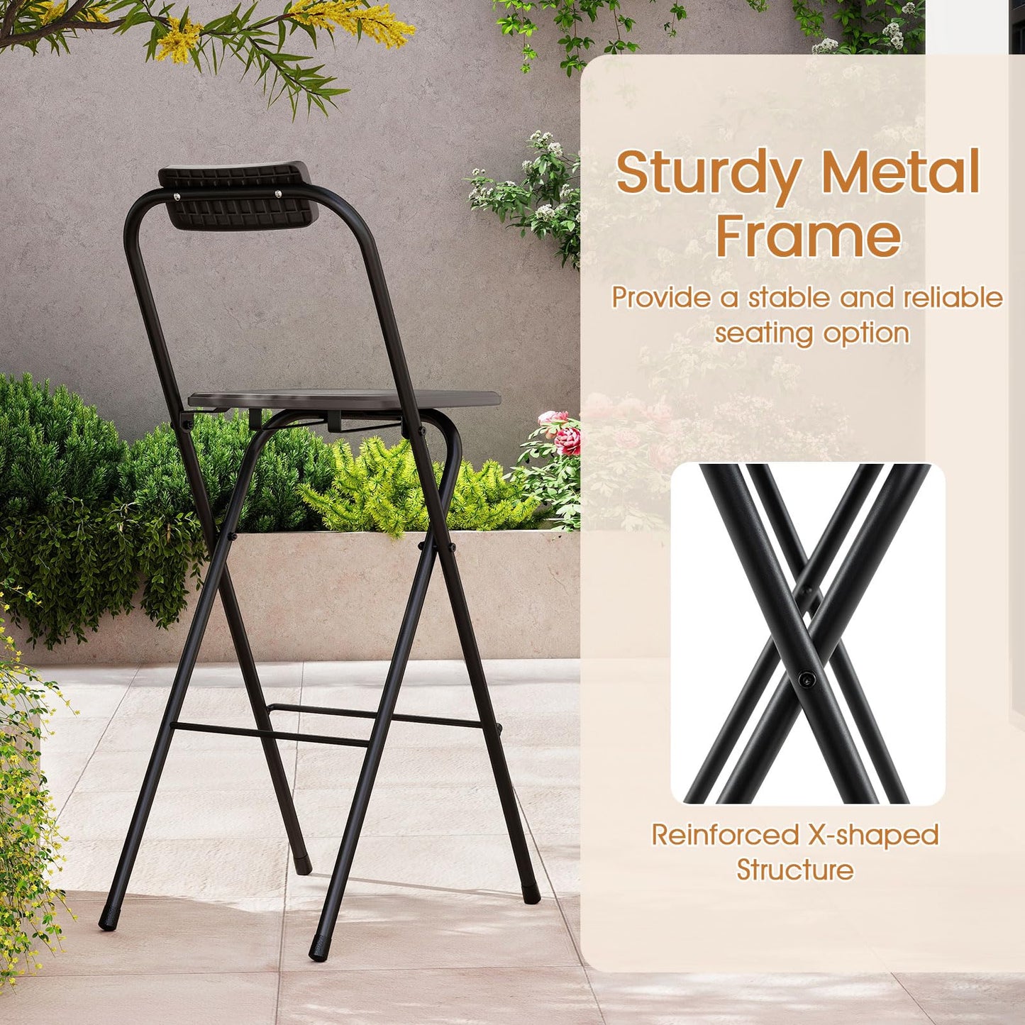 Folding Bar Stools Set of 2, Outdoor Barstools with Backrest and Footrest