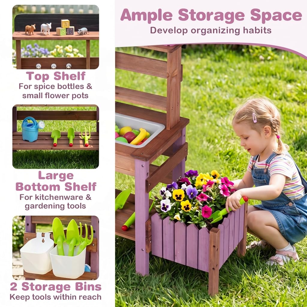 Kids Mud Kitchen, Garden Potting Bench with 2 Planting Pots, 2 Storage Bins, 2 Trowels