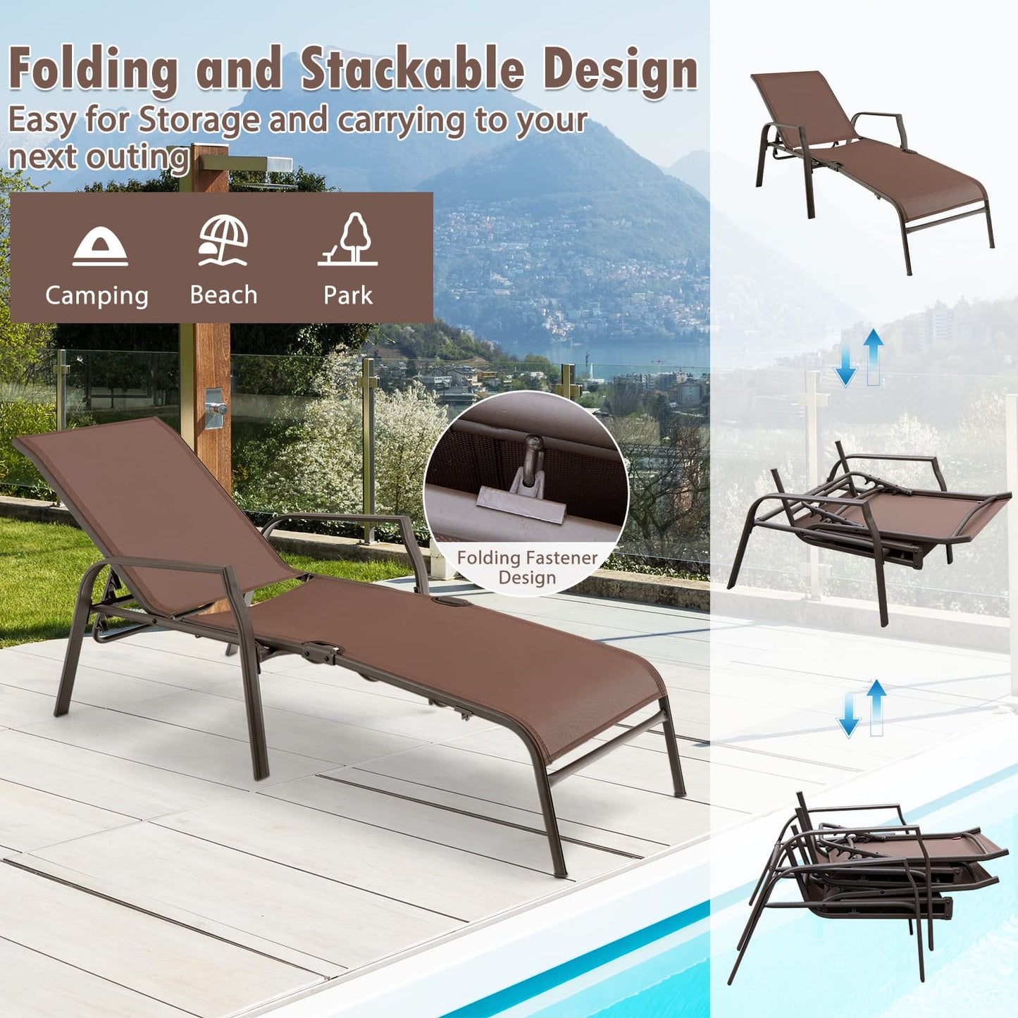 5 Positions Adjustable Stackable Folding Deck Reclining Chair Set of 2