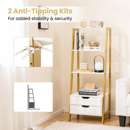 Ladder Bookshelf with Storage with 4 Open Shelves and 2 Drawers