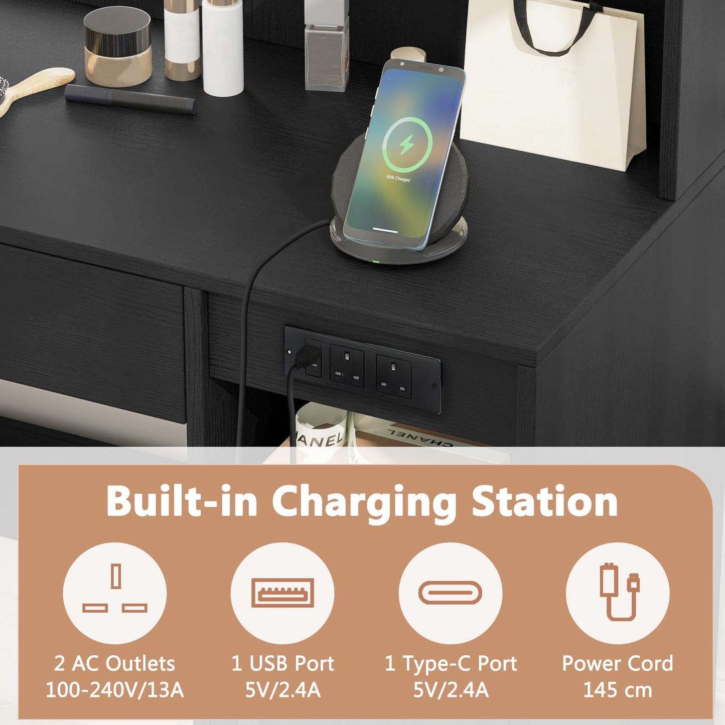 Vanity Desk with Mirror and Lights Dressing Table with Charging Station