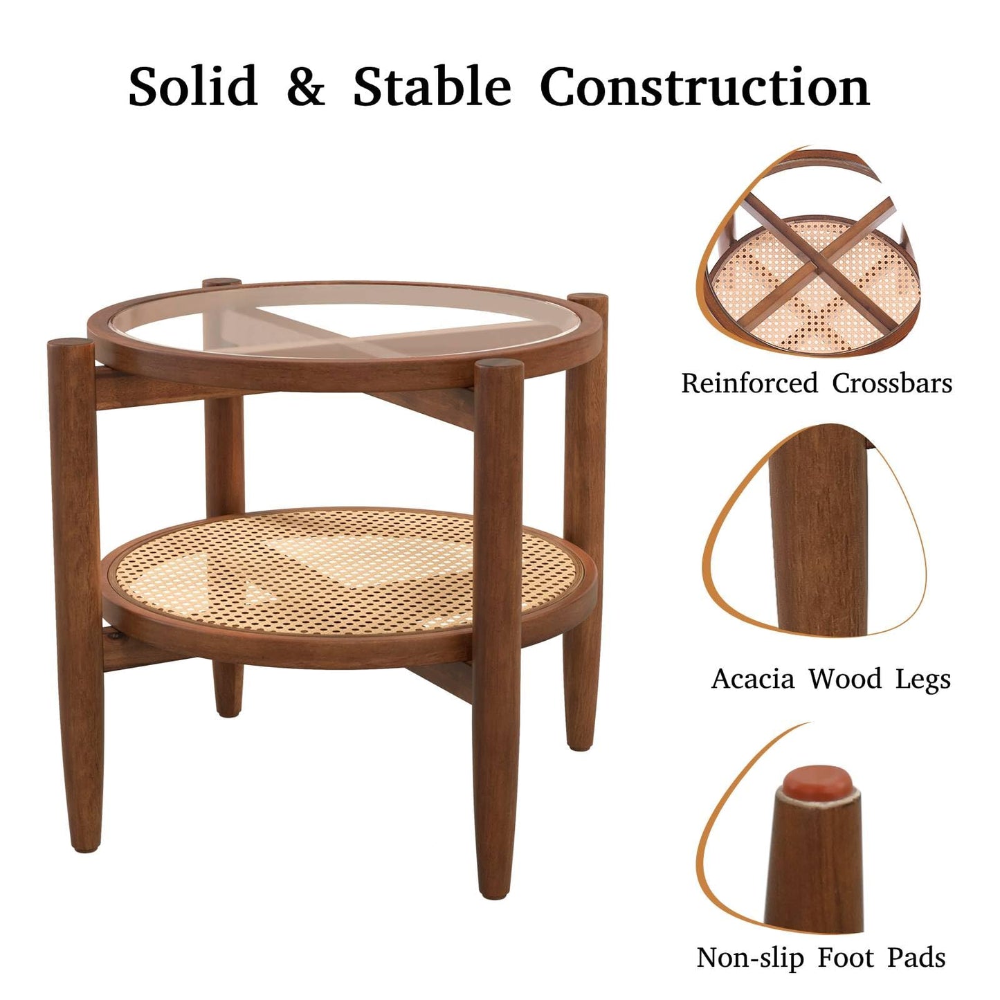 2-Tier PE Rattan Round Side End Table with Tempered Glass Tabletop