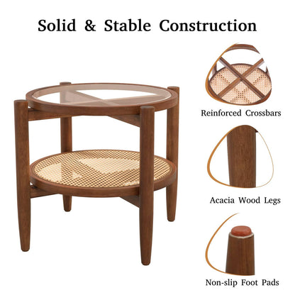 2-Tier PE Rattan Round Side End Table with Tempered Glass Tabletop