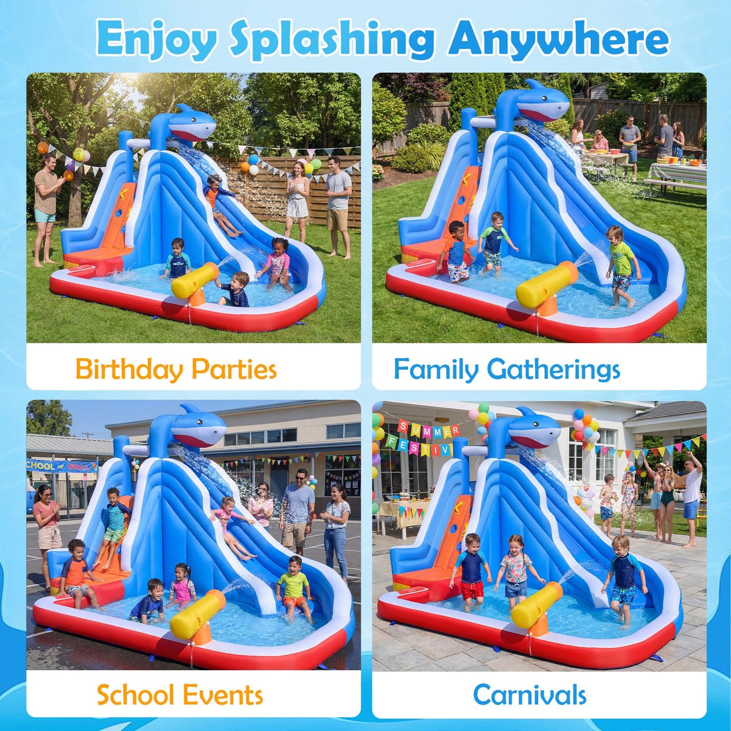 Inflatable Bouncy Castle, Jumper House Water Pool Slide Activity Center with Water Slide