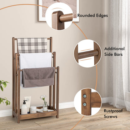 Solid Wood Towel Holder Drying Stand with 3 Towel Rails and Storage Shelf