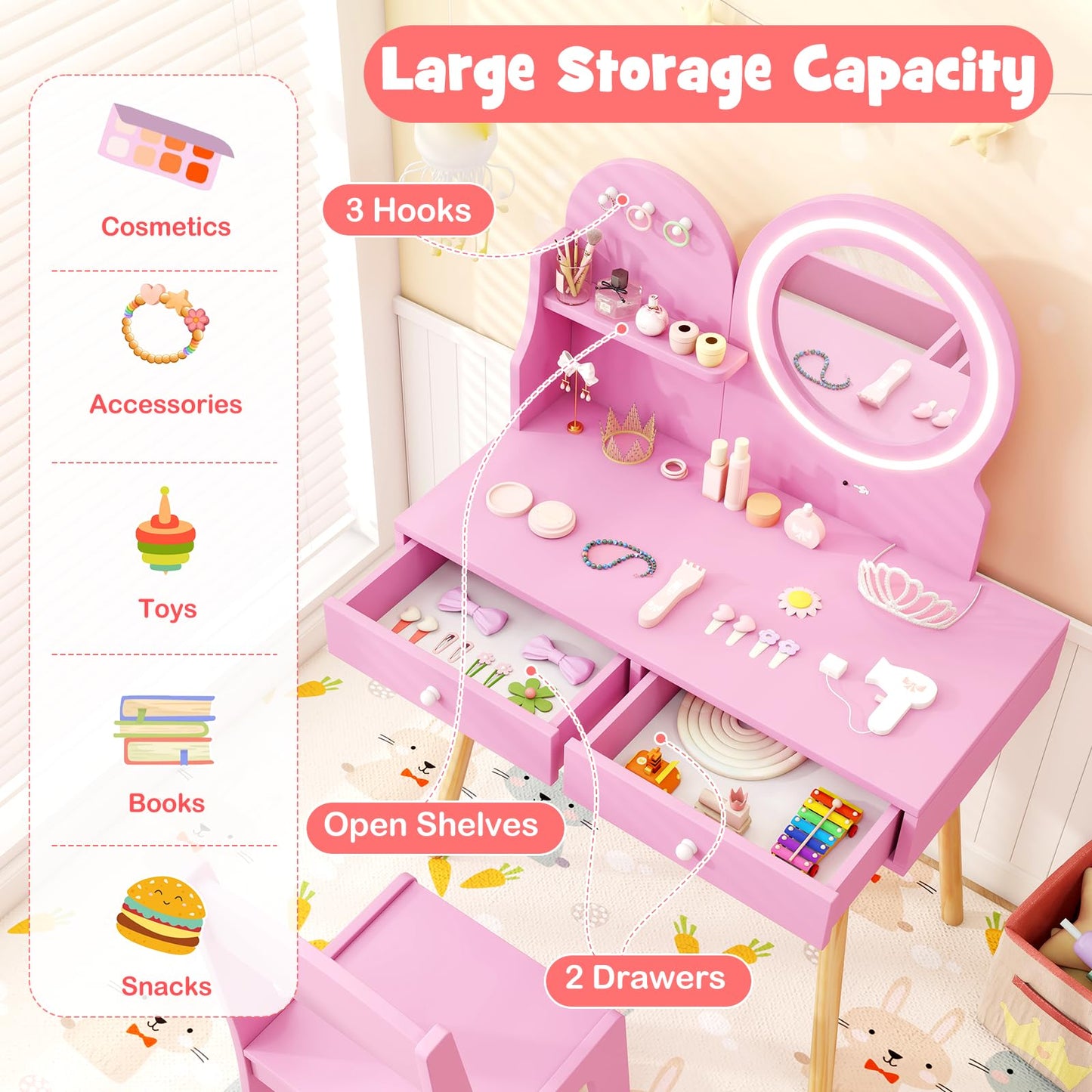 Wooden Kids Vanity Set with Lighted Mirror, Hooks and Storage Drawers