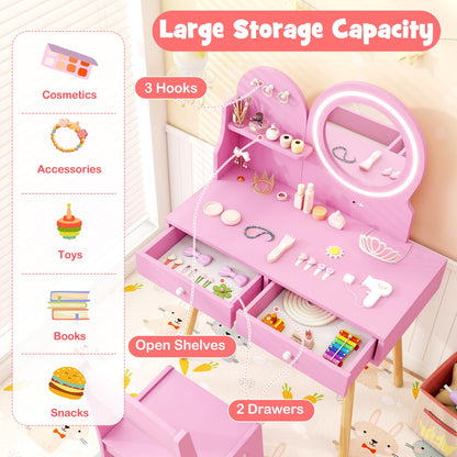 Wooden Kids Vanity Set with Lighted Mirror, Hooks and Storage Drawers