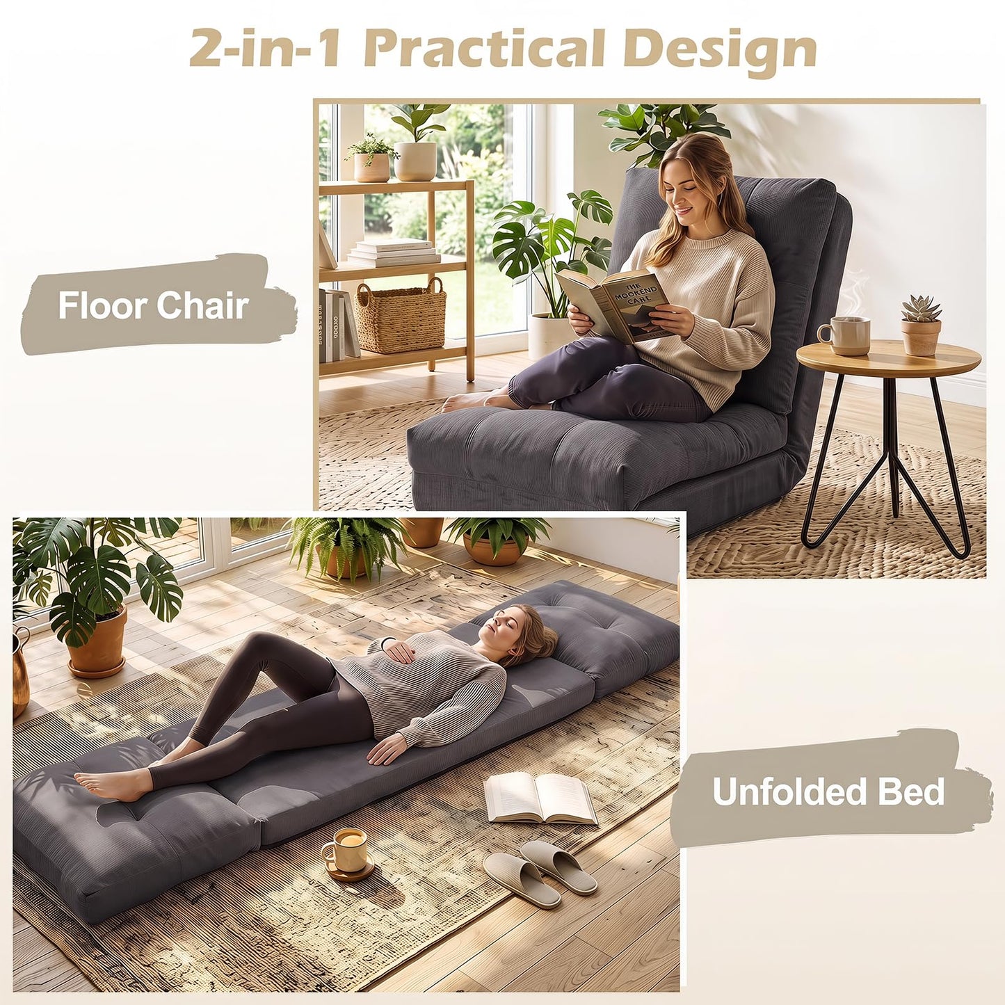 Folding Sofa Chair, 5-Position Adjustable Floor Chair Bed