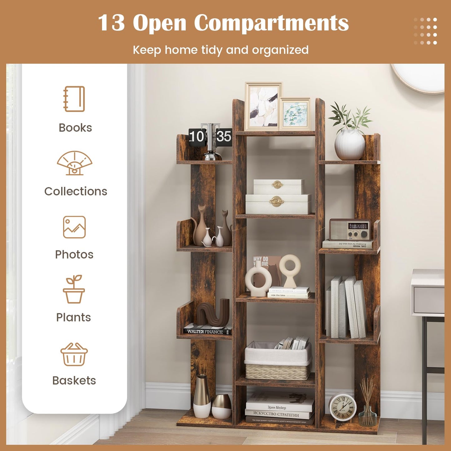 Tree Bookshelf Corner Books Storage Organizer with 13 Open Shelves