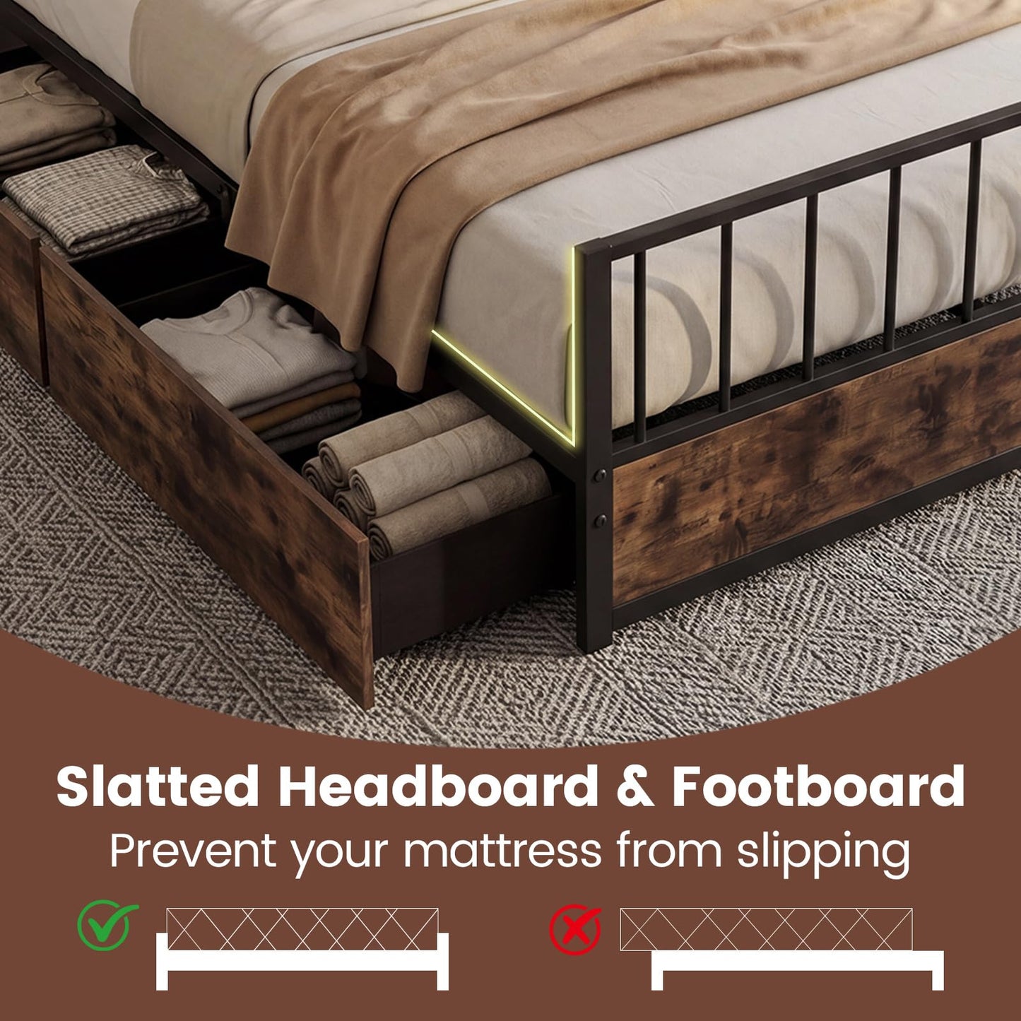 4FT6 Double Metal Bed Frame with 2 Storage Drawers, Headboard & Footboard