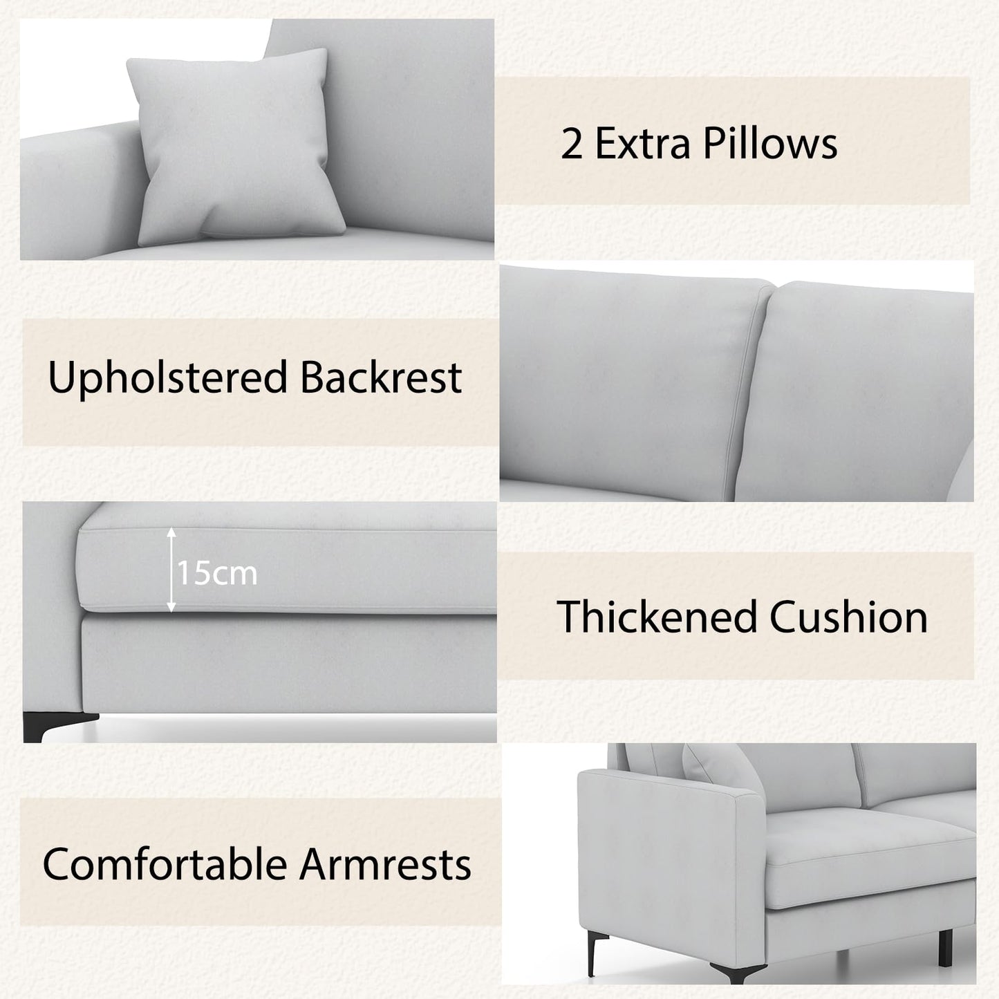 3 Seater Modern Upholstered Corner Sofa Couch with 2 Pillows and 6 Metal Legs