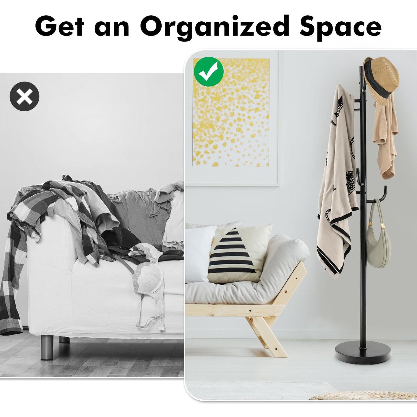 Metal Coat Rack, Freestanding Clothes Hanger with 8 Hooks