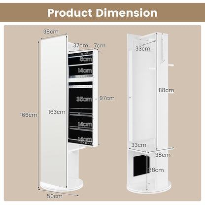 Swivel Jewelry Cabinet with Full-Length Mirror Cosmetics Storage