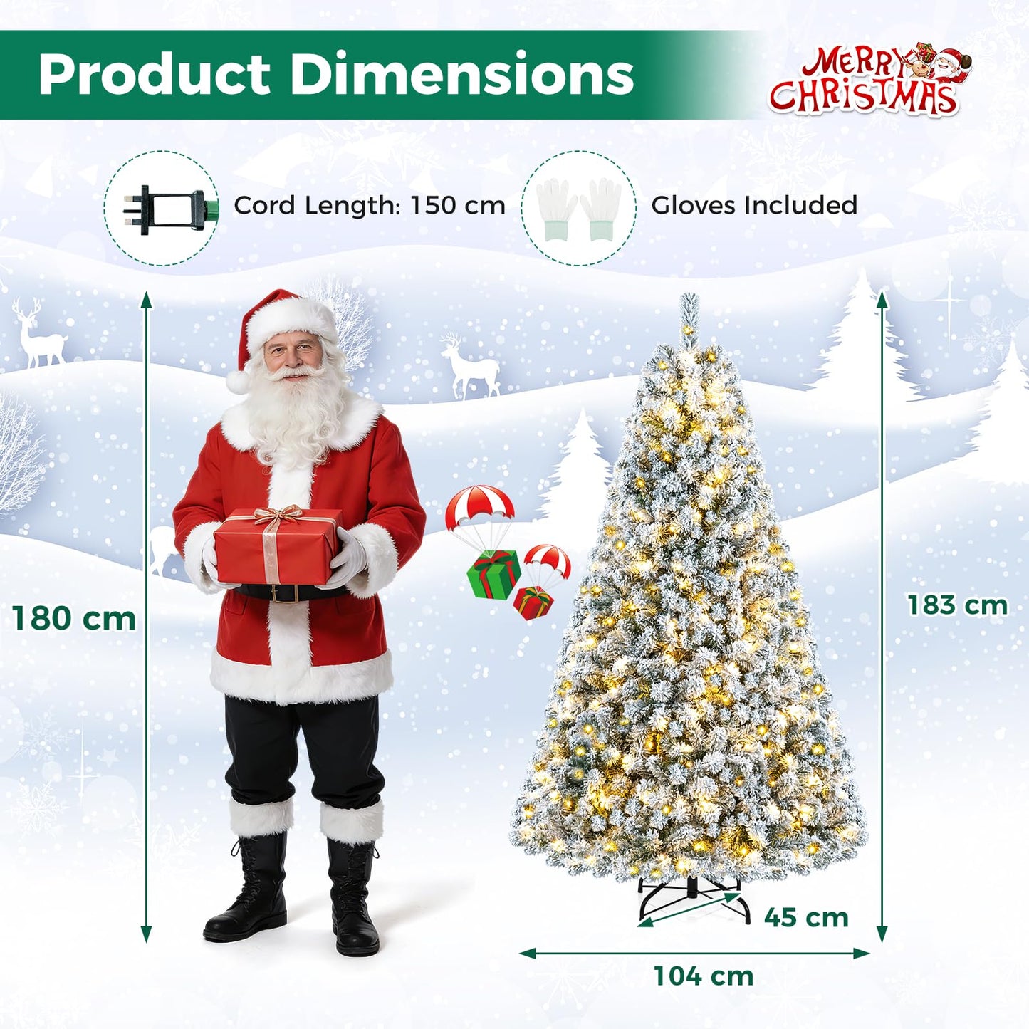 6FT Snow Flocked Christmas Tree, Pre-Lit Artificial Decoration Tree