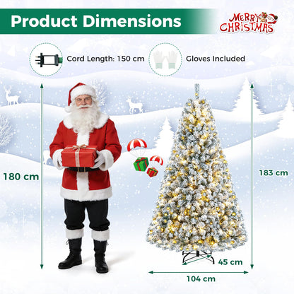 6FT Snow Flocked Christmas Tree, Pre-Lit Artificial Decoration Tree