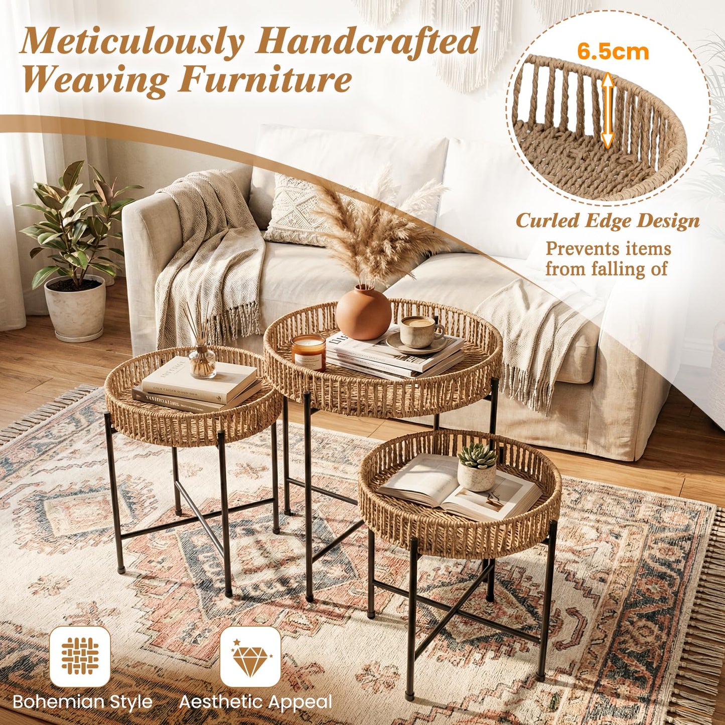 Set of 3 Round Nesting Side Tables Weaving End Tables with Metal Legs