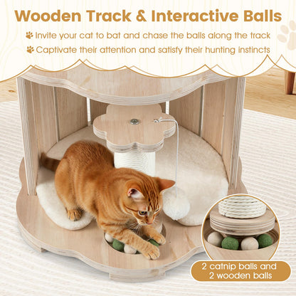 Wooden Cat Tree 3-Level Cute Kitten Tower with Condo Space Capsule Scratching Posts