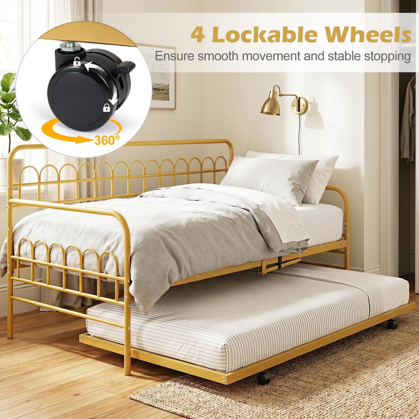 Single Daybed with Trundle and Curved Backrest and Armrests No Box Spring Needed