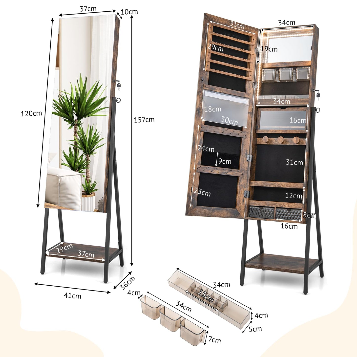 Lockable Floor Jewelry Armoire Organizer with Full Length Mirror
