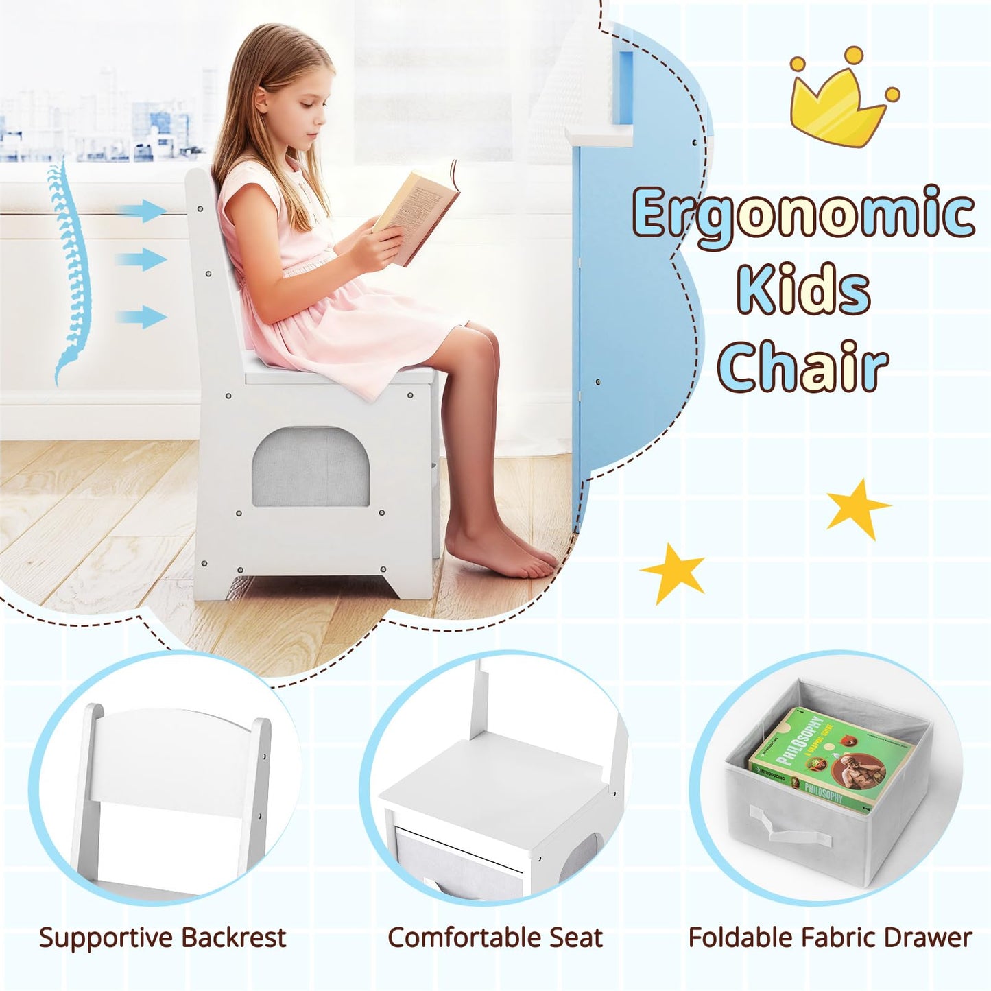 Vanity Table and Chair Set with 3 Storage Shelves and 5 Open Compartments