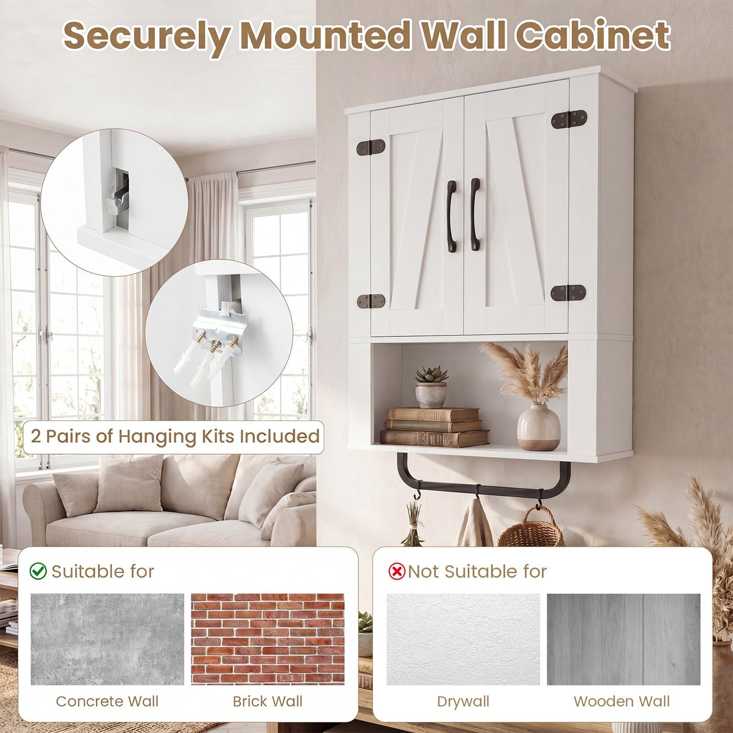 Bathroom Wall Cabinet Farmhouse Wall Mounted Organizer with 2 Barn Doors
