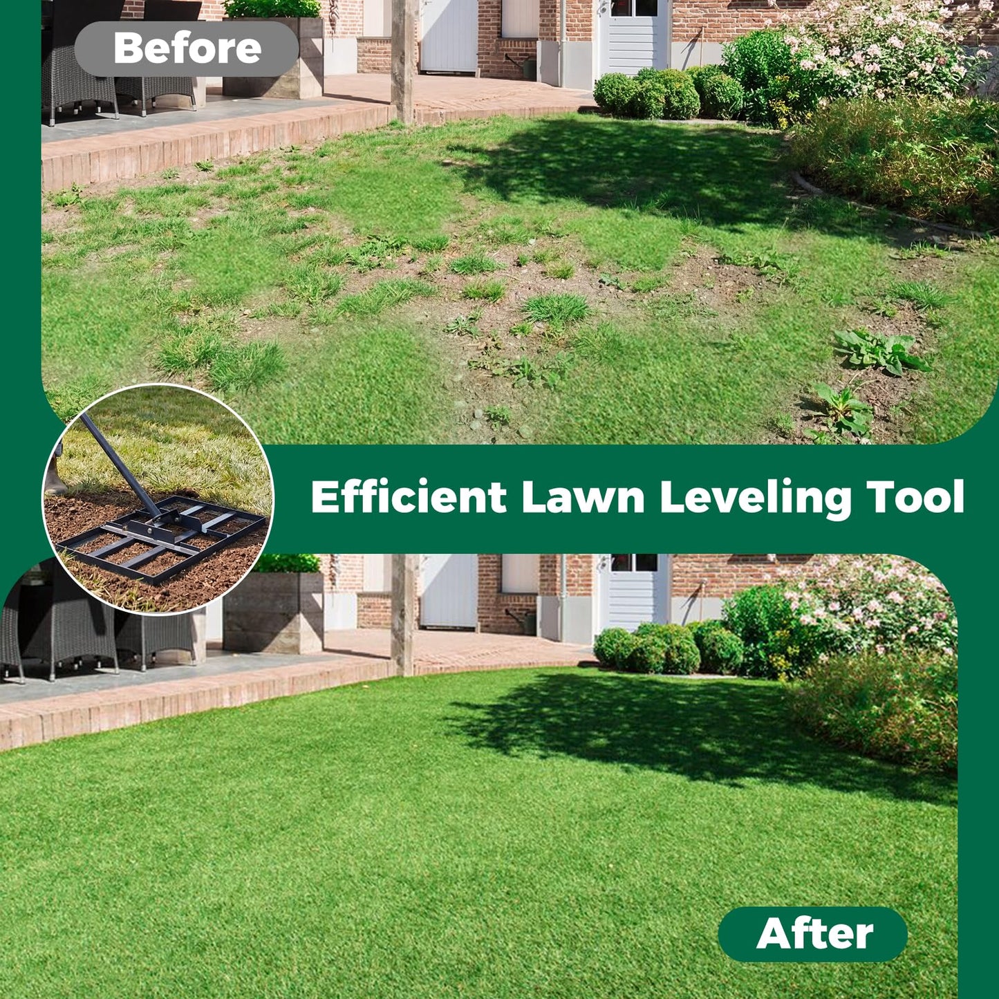 Lawn levelling Rake, 43x 25cm Lawn Leveller with 175cm Adjustment Long Handle