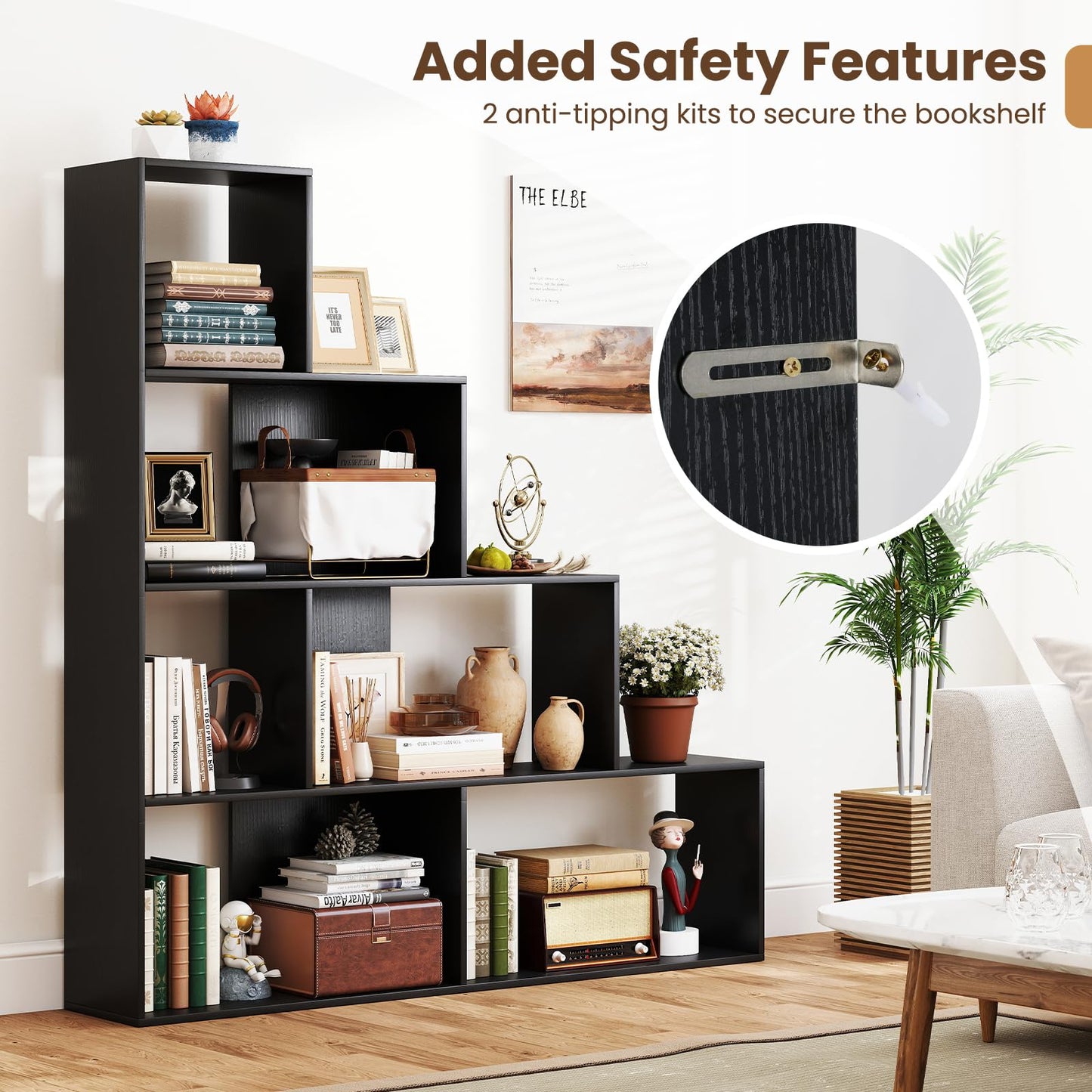 4-Tier Stepped Bookshelf Modern Ladder Bookcase with 6 Storage Cubes