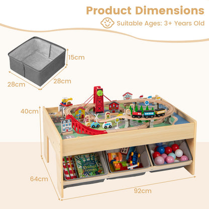 Wooden Train Set Table with 2 Reversible Tabletops and 3 Fabric Drawers
