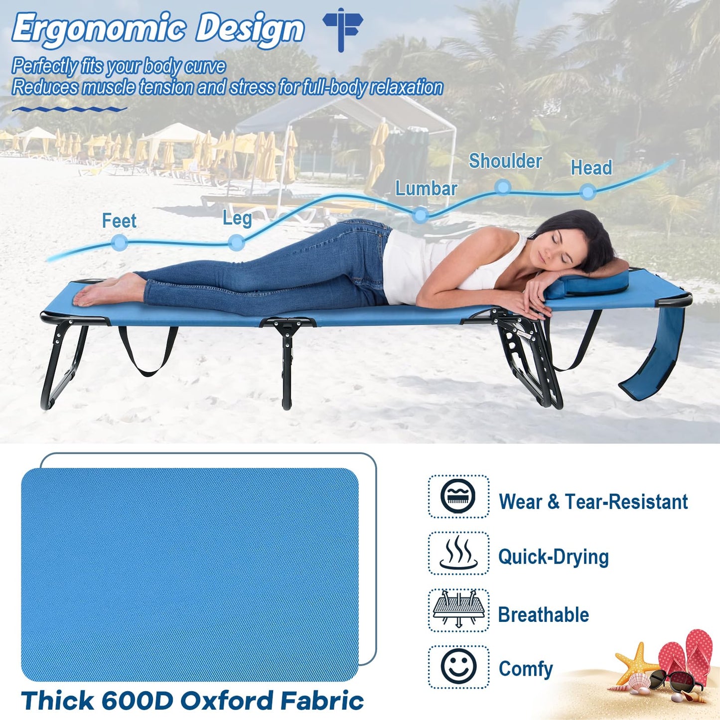 Folding Sun Lounger, 5-Position Adjustable Reclining Tanning Chair