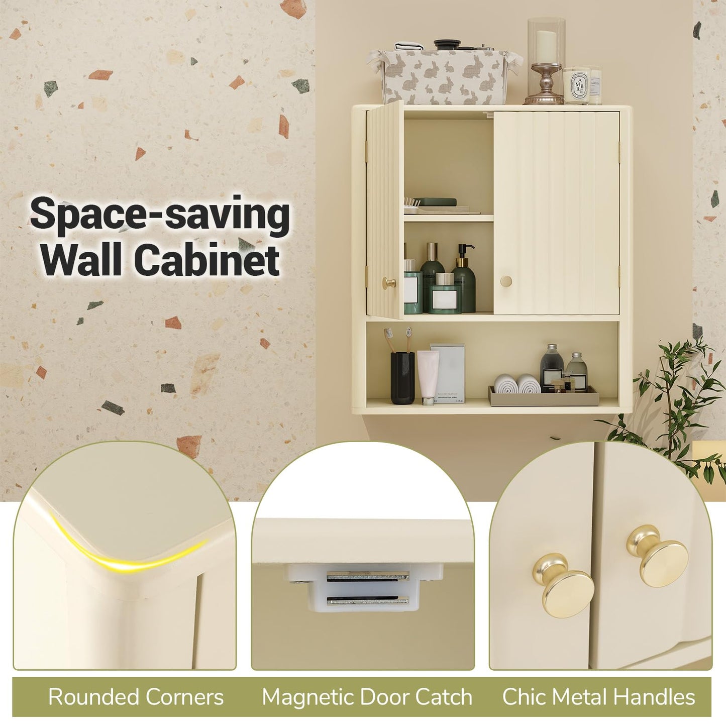Fluted Bathroom Wall Cabinet Modern Double Door Medicine Cabinet
