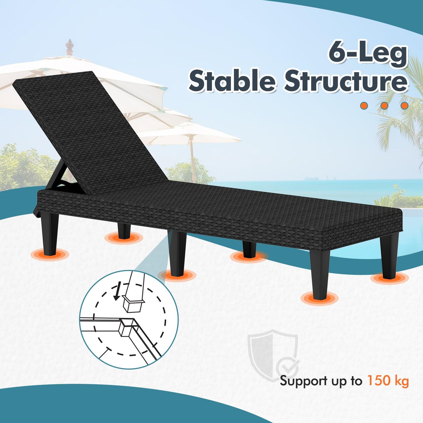 PP Rattan-Style Patio Chaise Lounge Deck Sunbed with 3-Position Adjustable Backrest and 6 Legs